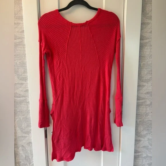Free People Coral Poppy Red Drippy Ventura Waffle Knit Thermal Top Size XS - Picture 2 of 11